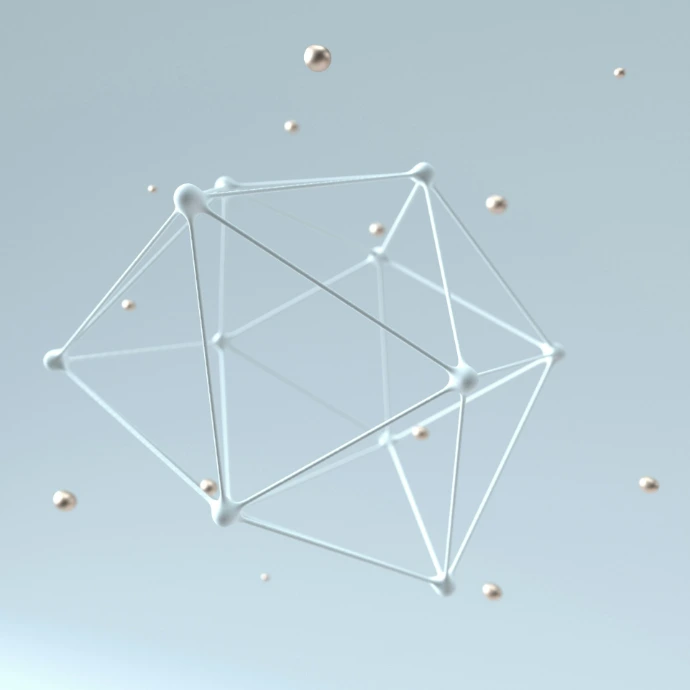 3D wireframe polyhedron with metallic spheres